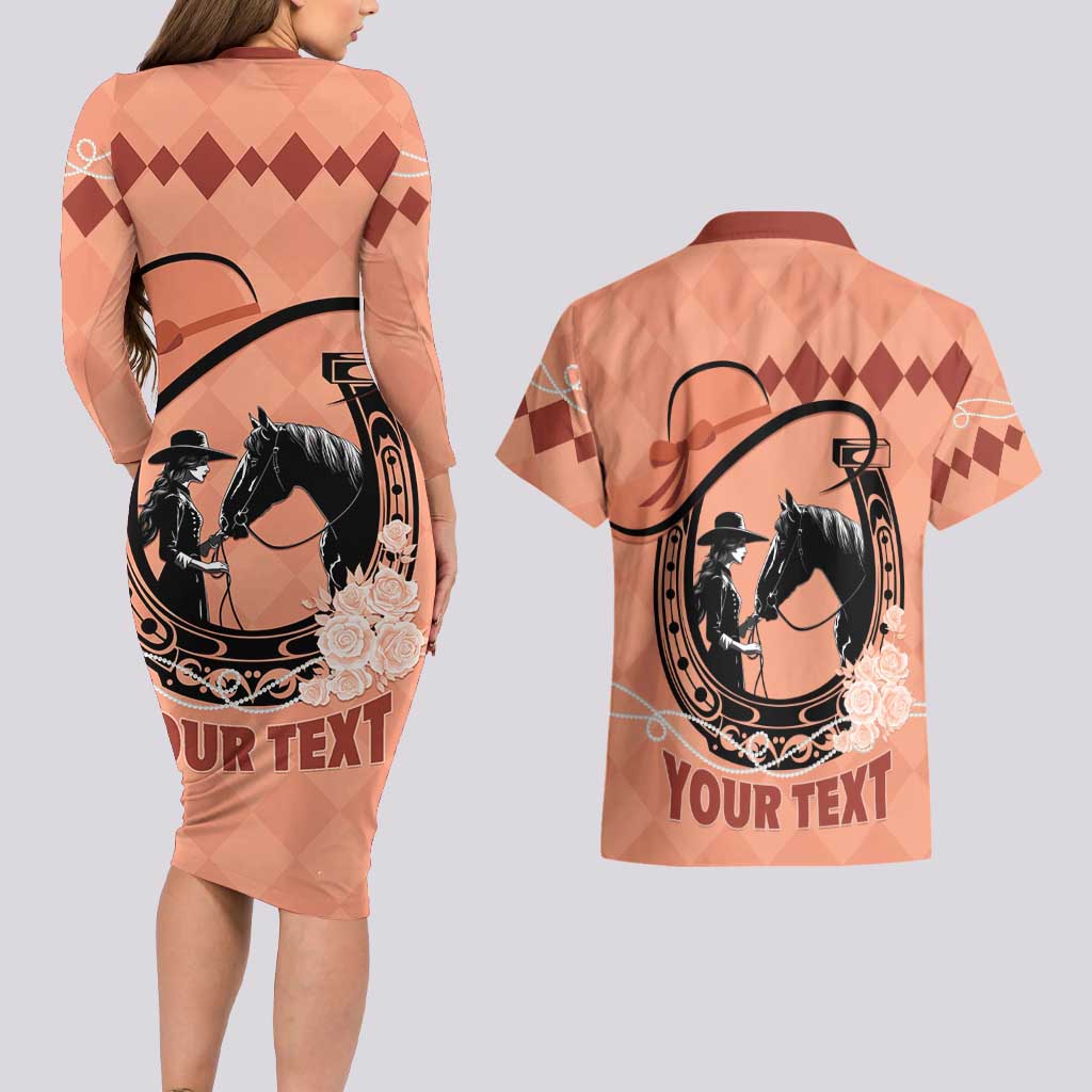 Personalized Kentucky Horse Racing Couples Matching Long Sleeve Bodycon Dress and Hawaiian Shirt Beauty and The Horse Orange Version LT01