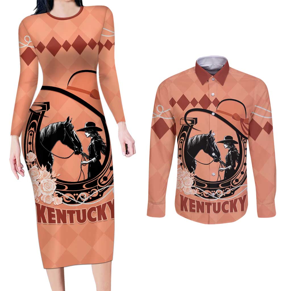 Personalized Kentucky Horse Racing Couples Matching Long Sleeve Bodycon Dress and Long Sleeve Button Shirt Beauty and The Horse Orange Version LT01