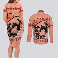 Personalized Kentucky Horse Racing Couples Matching Long Sleeve Bodycon Dress and Long Sleeve Button Shirt Beauty and The Horse Orange Version LT01