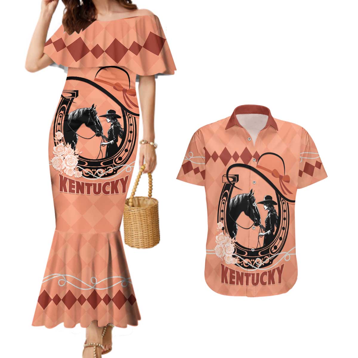 Personalized Kentucky Horse Racing Couples Matching Mermaid Dress and Hawaiian Shirt Beauty and The Horse Orange Version LT01