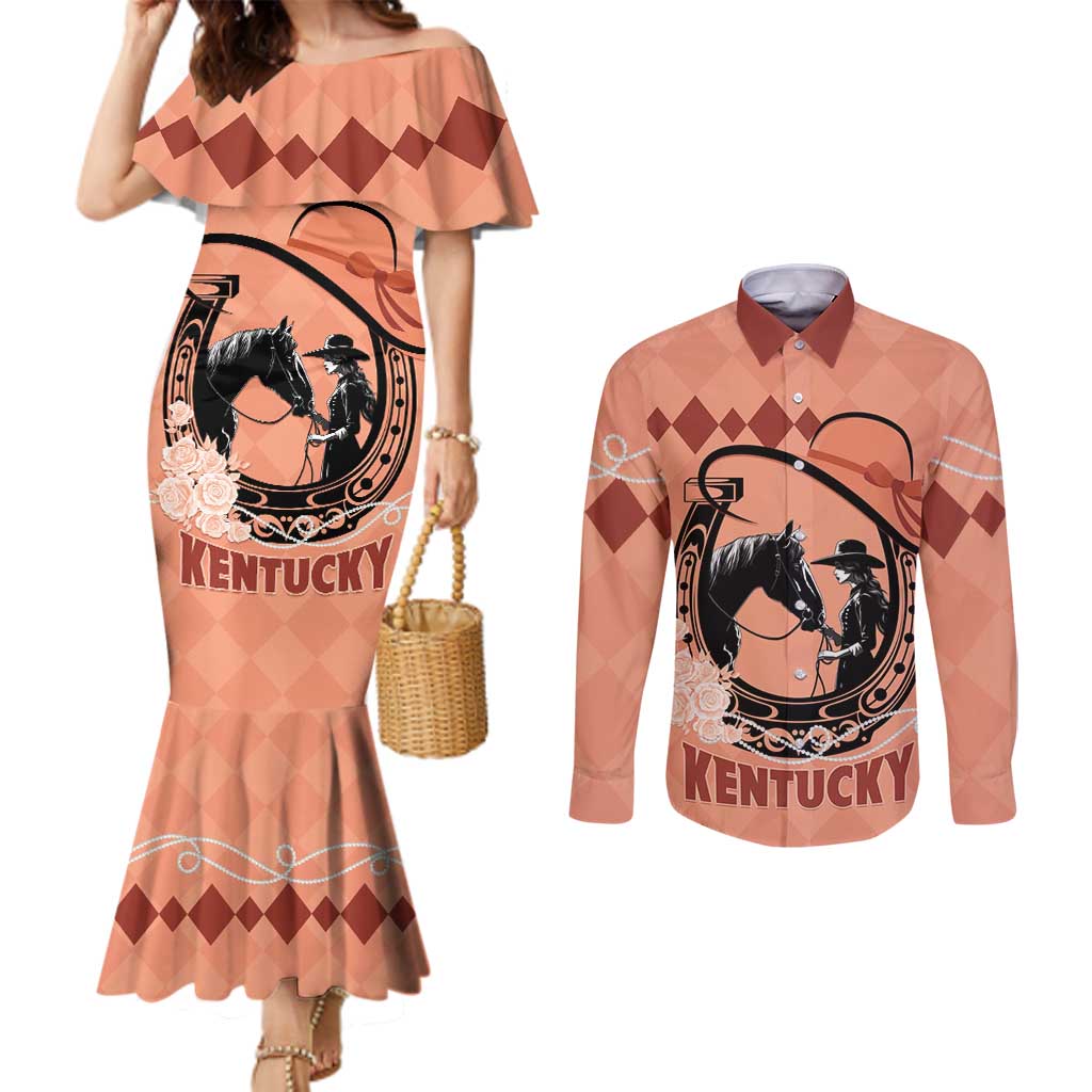 Personalized Kentucky Horse Racing Couples Matching Mermaid Dress and Long Sleeve Button Shirt Beauty and The Horse Orange Version LT01