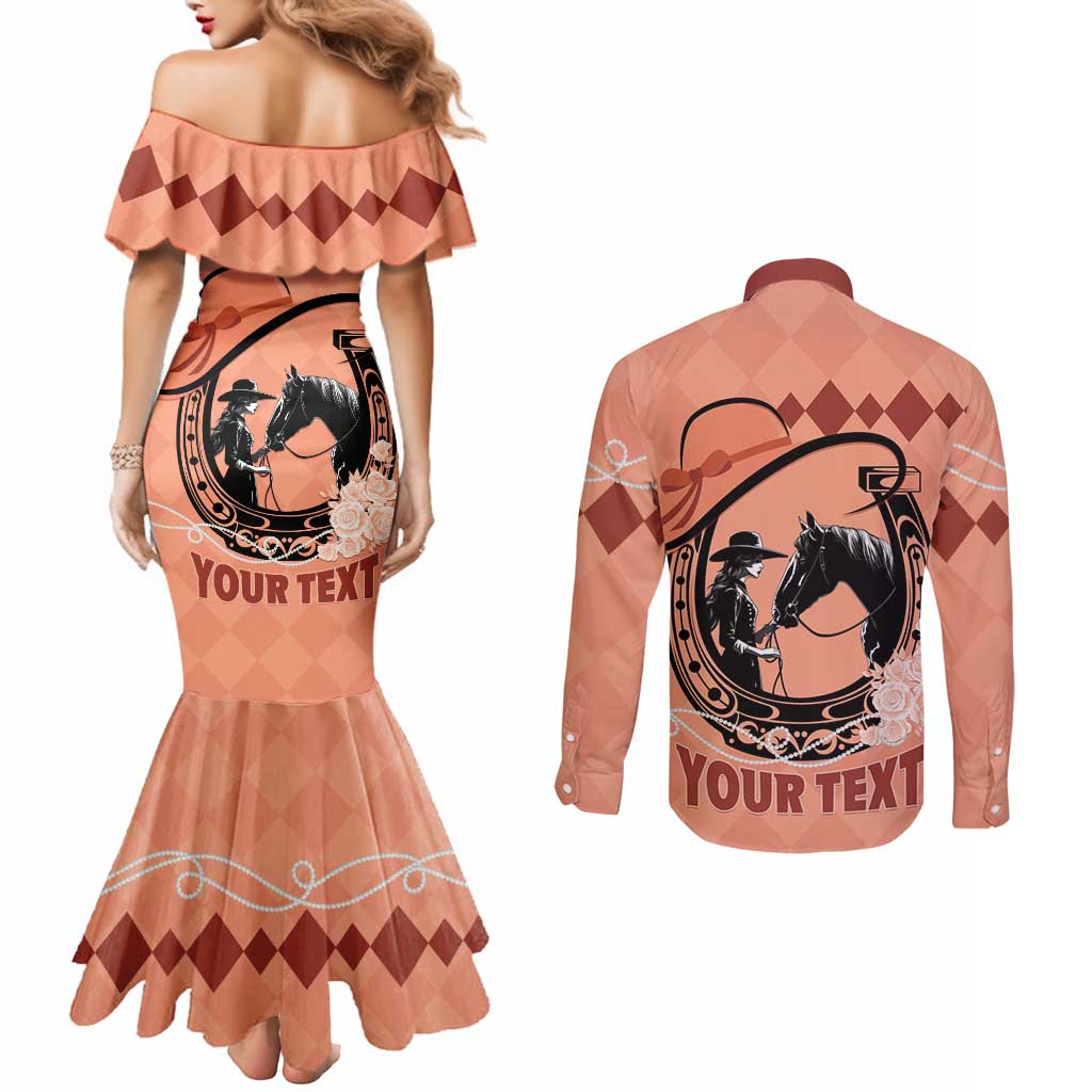 Personalized Kentucky Horse Racing Couples Matching Mermaid Dress and Long Sleeve Button Shirt Beauty and The Horse Orange Version LT01