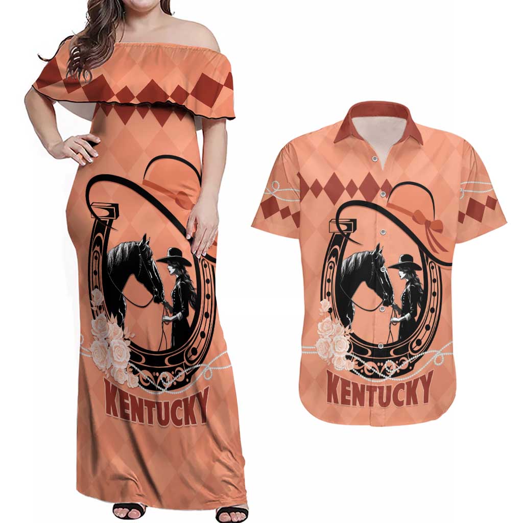 Personalized Kentucky Horse Racing Couples Matching Off Shoulder Maxi Dress and Hawaiian Shirt Beauty and The Horse Orange Version LT01