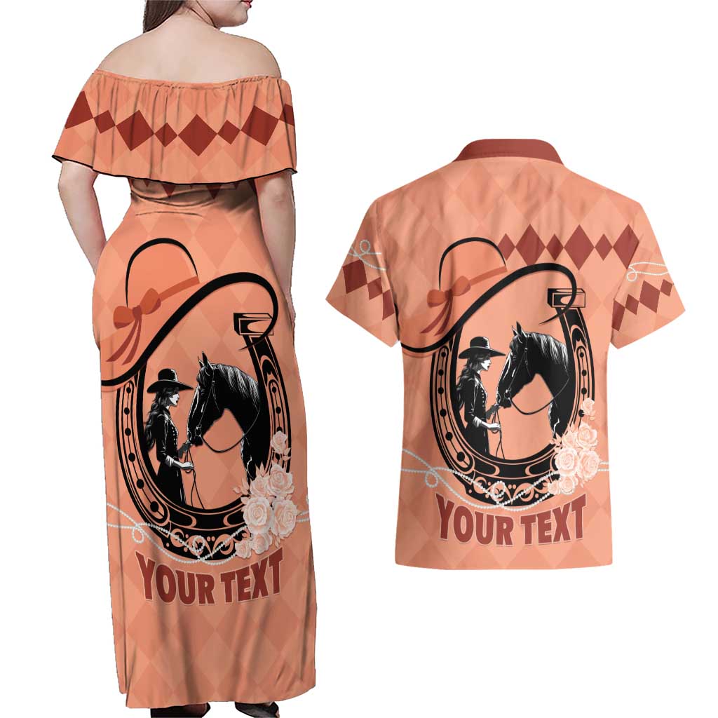 Personalized Kentucky Horse Racing Couples Matching Off Shoulder Maxi Dress and Hawaiian Shirt Beauty and The Horse Orange Version LT01