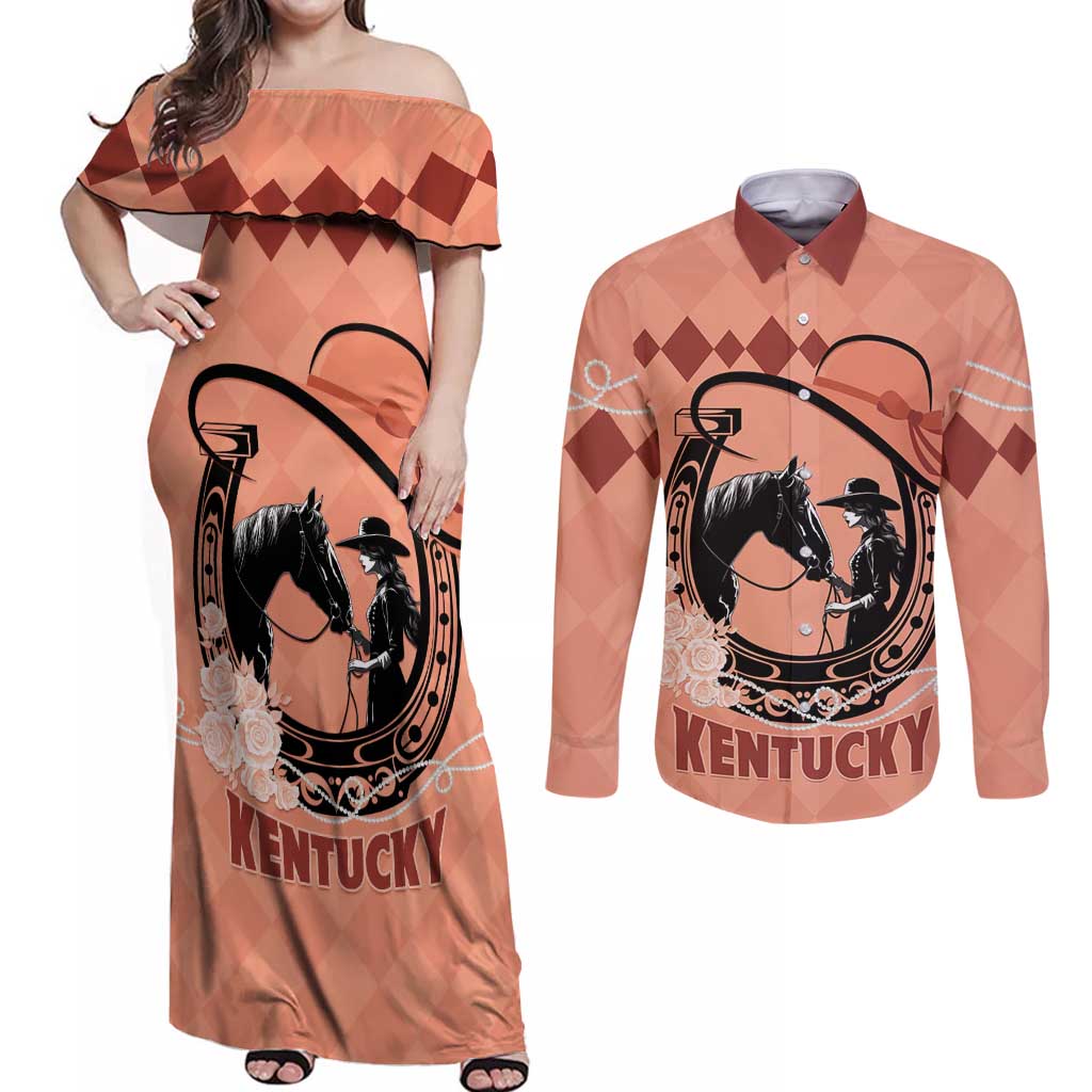 Personalized Kentucky Horse Racing Couples Matching Off Shoulder Maxi Dress and Long Sleeve Button Shirt Beauty and The Horse Orange Version LT01