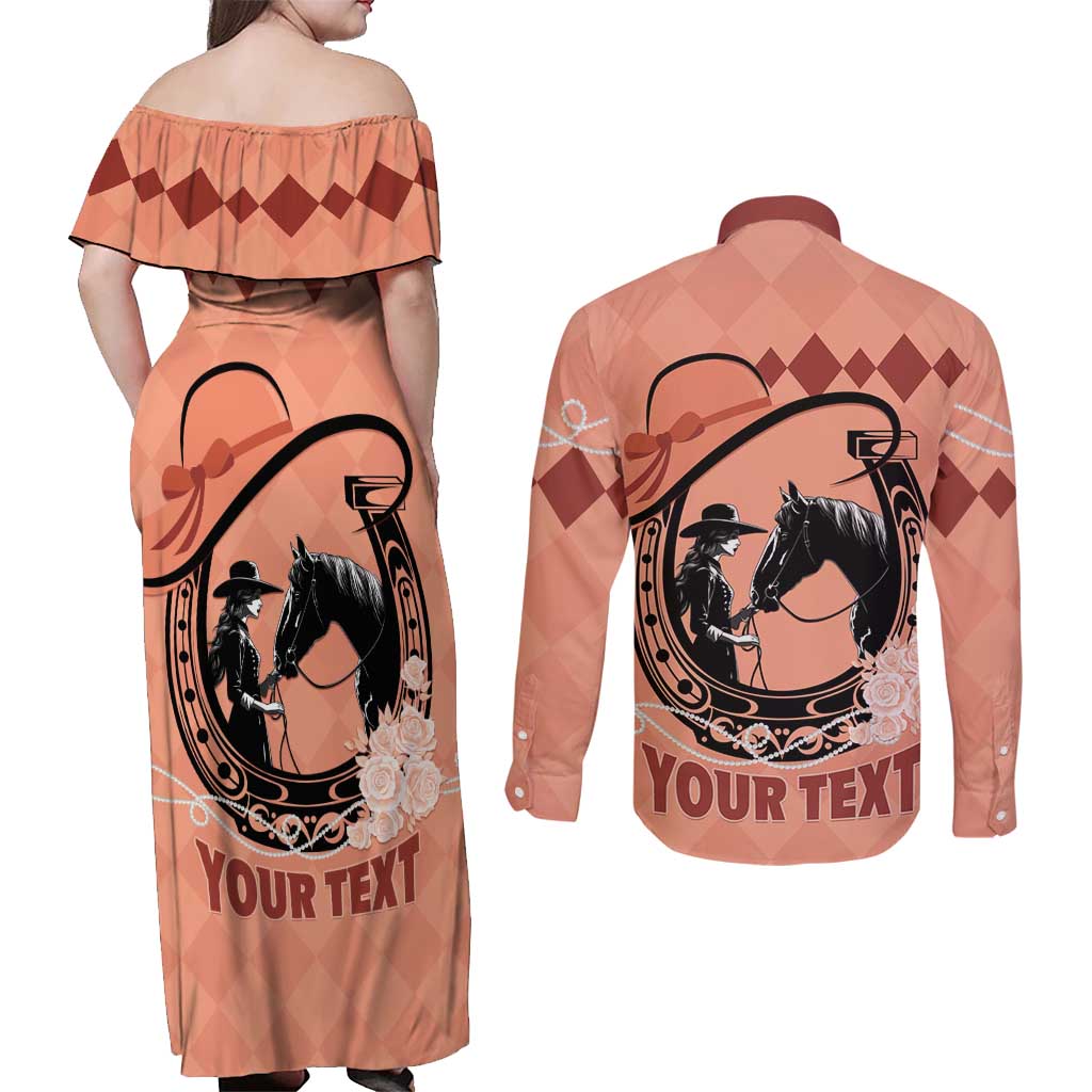 Personalized Kentucky Horse Racing Couples Matching Off Shoulder Maxi Dress and Long Sleeve Button Shirt Beauty and The Horse Orange Version LT01