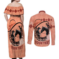 Personalized Kentucky Horse Racing Couples Matching Off Shoulder Maxi Dress and Long Sleeve Button Shirt Beauty and The Horse Orange Version LT01