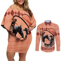 Personalized Kentucky Horse Racing Couples Matching Off Shoulder Short Dress and Long Sleeve Button Shirt Beauty and The Horse Orange Version LT01