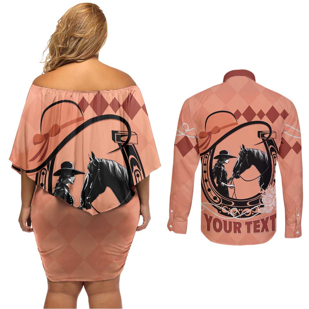 Personalized Kentucky Horse Racing Couples Matching Off Shoulder Short Dress and Long Sleeve Button Shirt Beauty and The Horse Orange Version LT01