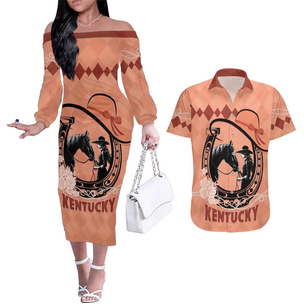 Personalized Kentucky Horse Racing Couples Matching Off The Shoulder Long Sleeve Dress and Hawaiian Shirt Beauty and The Horse Orange Version LT01