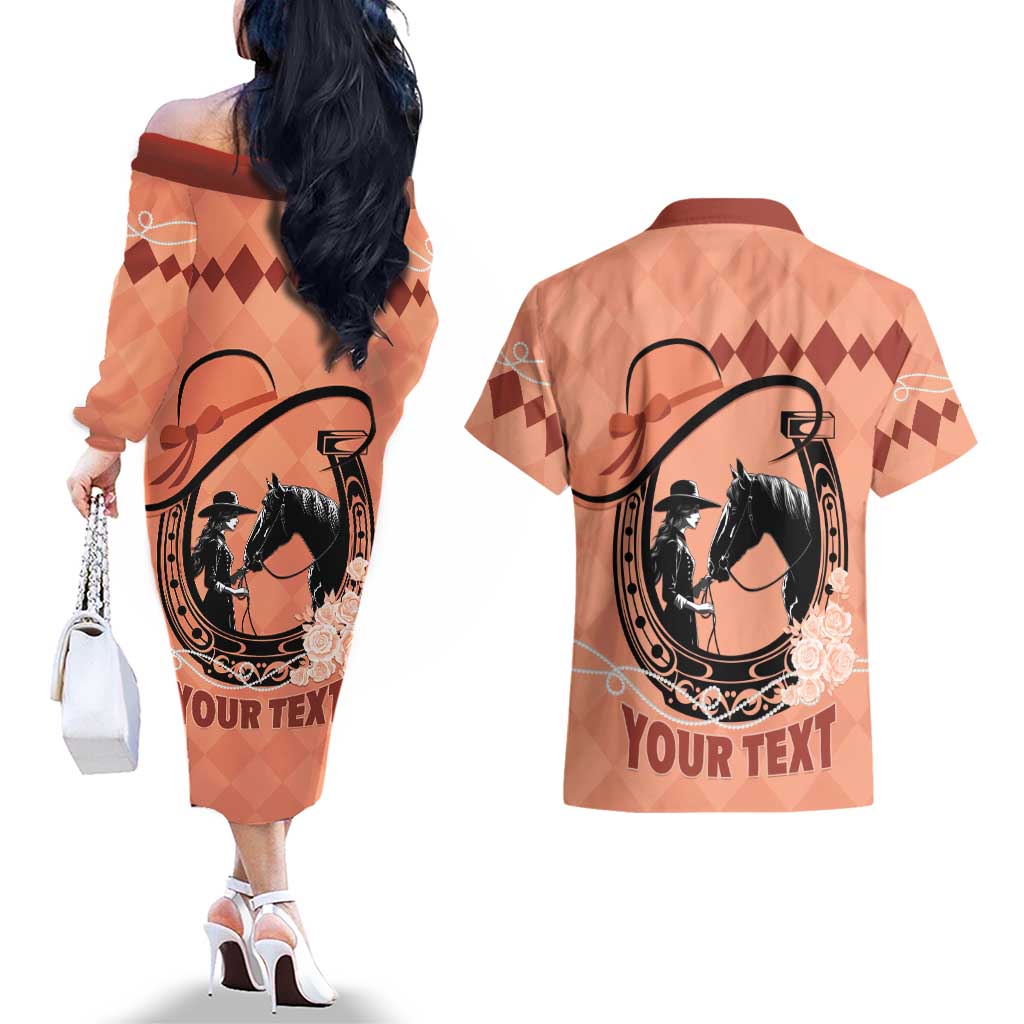 Personalized Kentucky Horse Racing Couples Matching Off The Shoulder Long Sleeve Dress and Hawaiian Shirt Beauty and The Horse Orange Version LT01