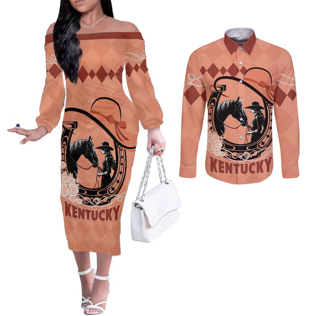 Personalized Kentucky Horse Racing Couples Matching Off The Shoulder Long Sleeve Dress and Long Sleeve Button Shirt Beauty and The Horse Orange Version LT01