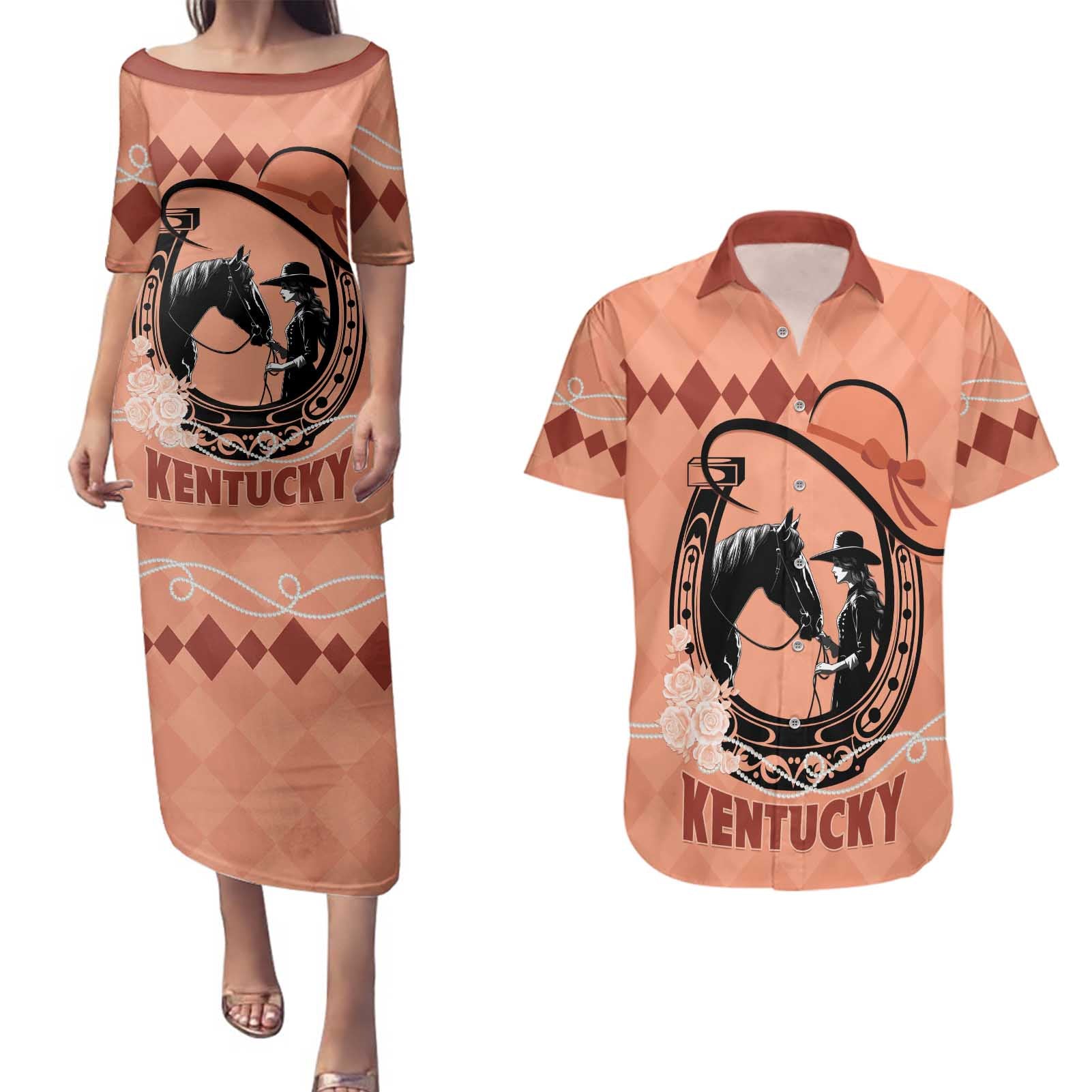 Personalized Kentucky Horse Racing Couples Matching Puletasi and Hawaiian Shirt Beauty and The Horse Orange Version LT01