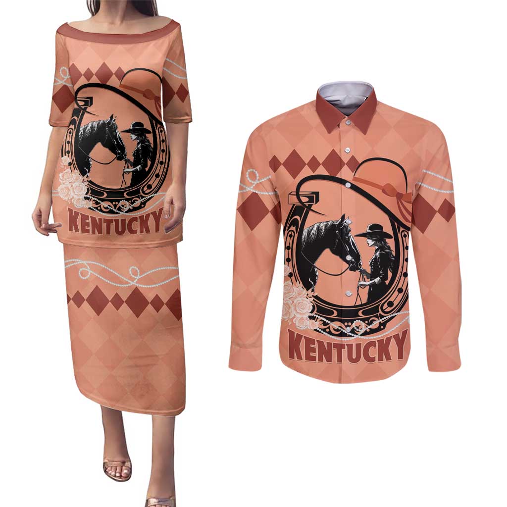 Personalized Kentucky Horse Racing Couples Matching Puletasi and Long Sleeve Button Shirt Beauty and The Horse Orange Version LT01