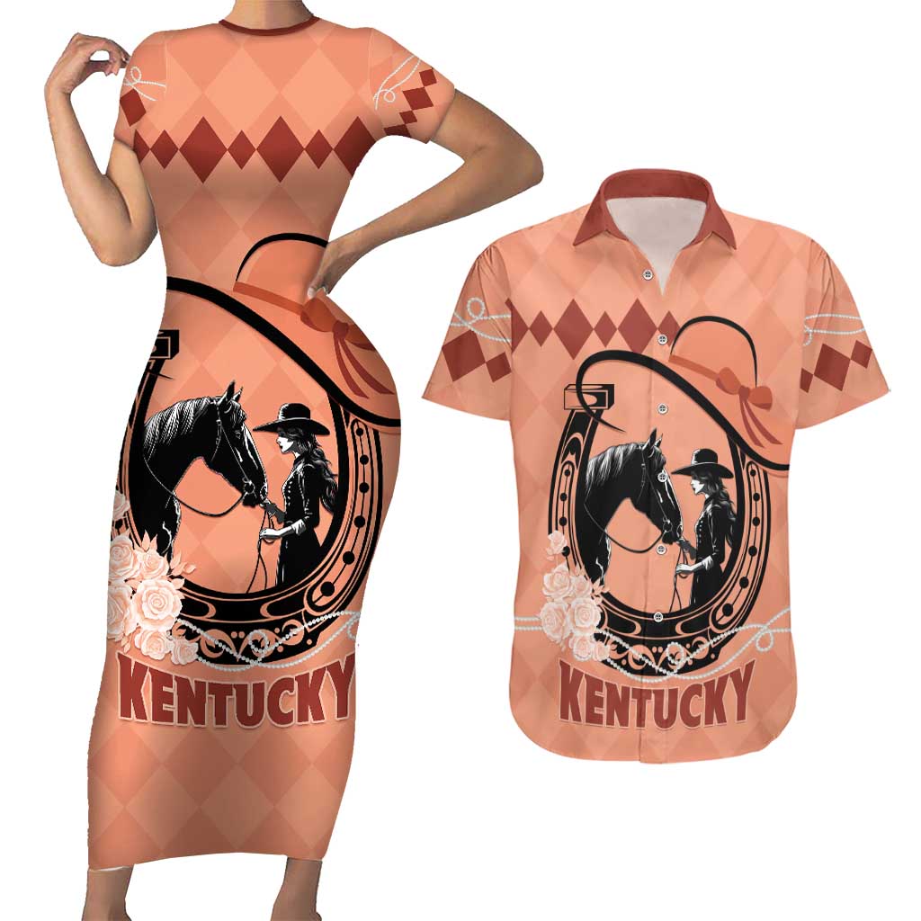 Personalized Kentucky Horse Racing Couples Matching Short Sleeve Bodycon Dress and Hawaiian Shirt Beauty and The Horse Orange Version LT01