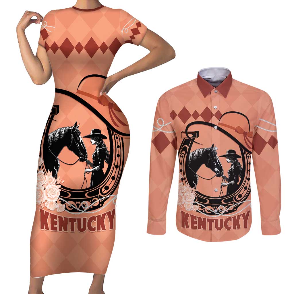Personalized Kentucky Horse Racing Couples Matching Short Sleeve Bodycon Dress and Long Sleeve Button Shirt Beauty and The Horse Orange Version LT01