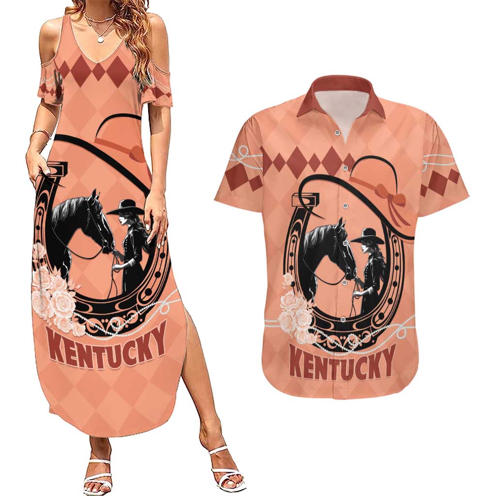 Personalized Kentucky Horse Racing Couples Matching Summer Maxi Dress and Hawaiian Shirt Beauty and The Horse Orange Version LT01