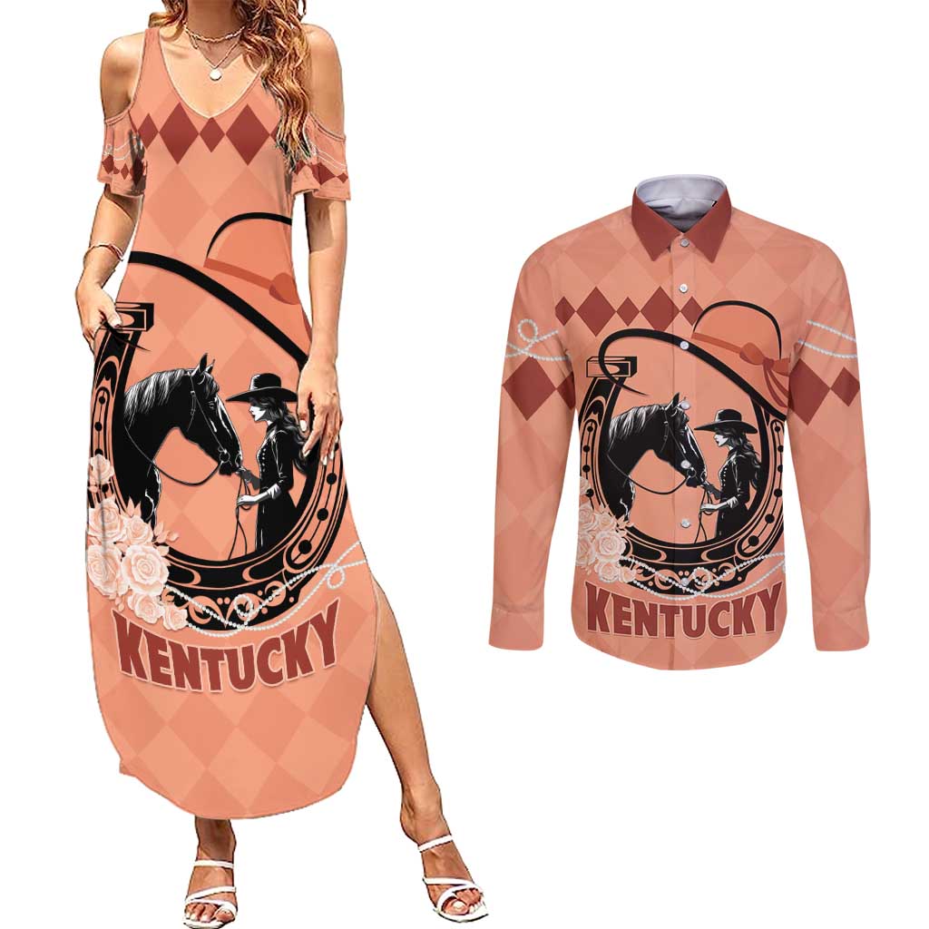 Personalized Kentucky Horse Racing Couples Matching Summer Maxi Dress and Long Sleeve Button Shirt Beauty and The Horse Orange Version LT01