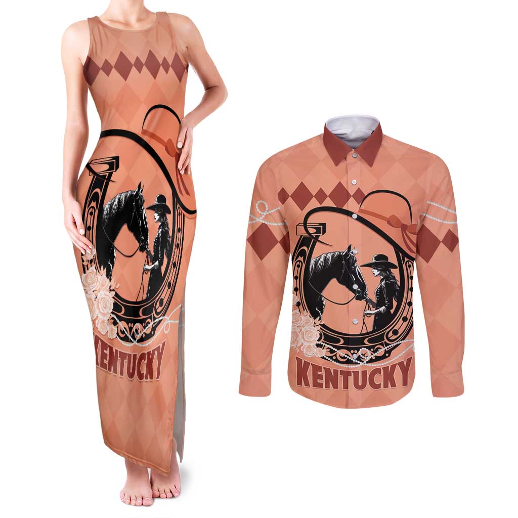 Personalized Kentucky Horse Racing Couples Matching Tank Maxi Dress and Long Sleeve Button Shirt Beauty and The Horse Orange Version LT01