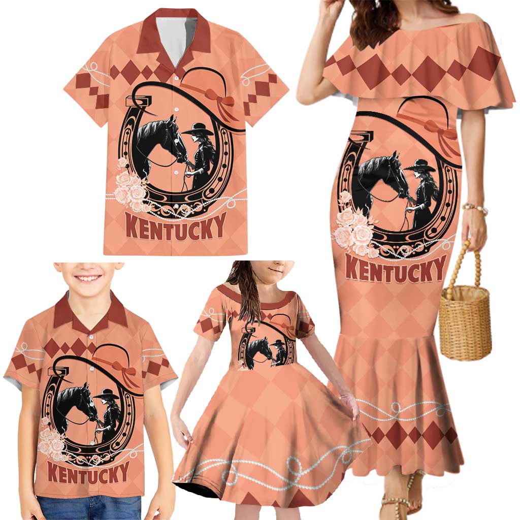 Personalized Kentucky Horse Racing Family Matching Mermaid Dress and Hawaiian Shirt Beauty and The Horse Orange Version LT01