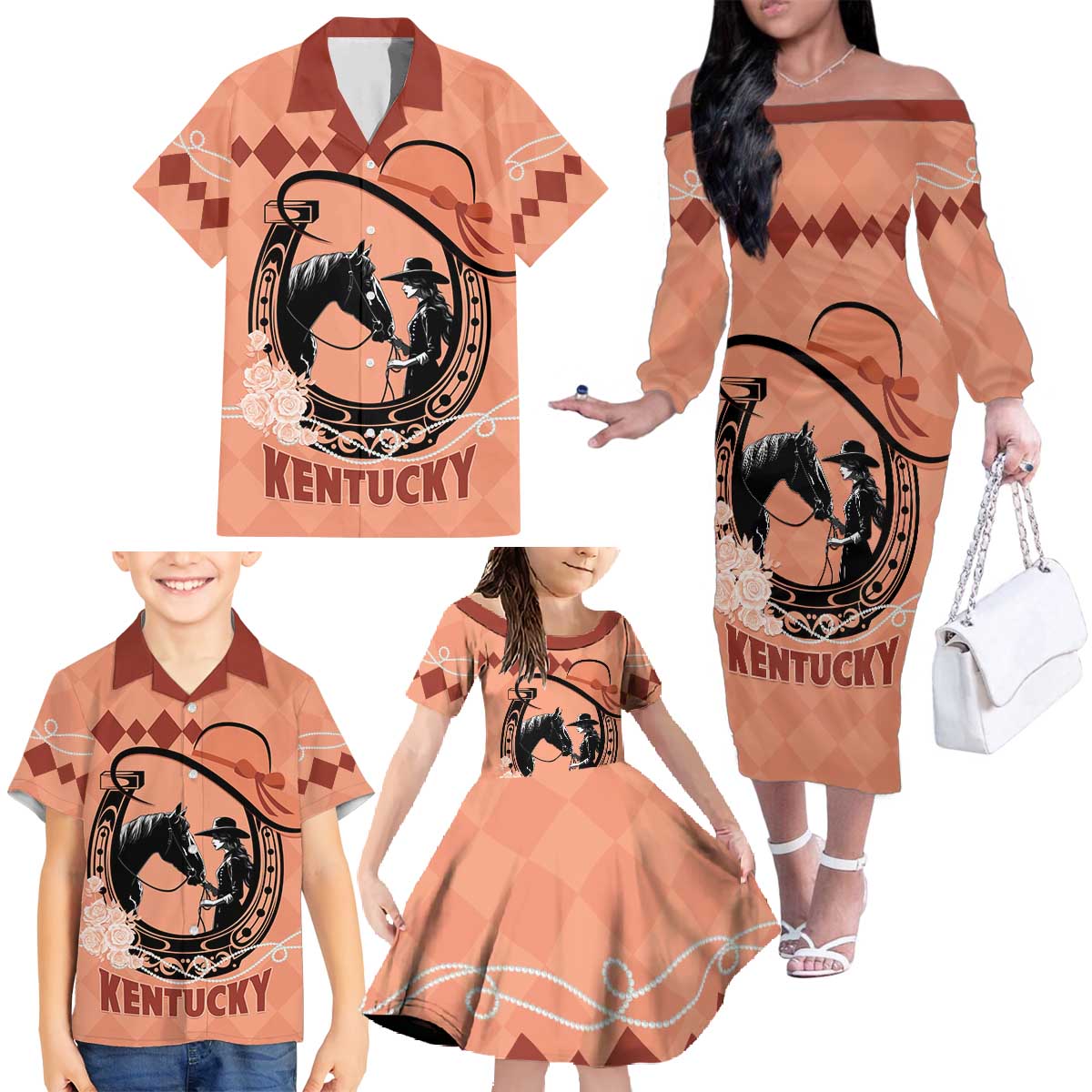 Personalized Kentucky Horse Racing Family Matching Off The Shoulder Long Sleeve Dress and Hawaiian Shirt Beauty and The Horse Orange Version LT01