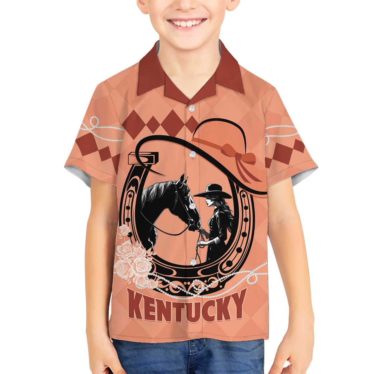 Personalized Kentucky Horse Racing Family Matching Off The Shoulder Long Sleeve Dress and Hawaiian Shirt Beauty and The Horse Orange Version LT01