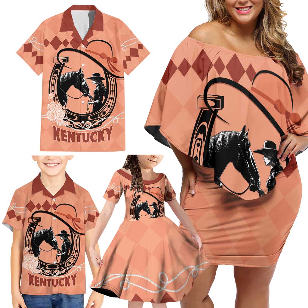 Personalized Kentucky Horse Racing Family Matching Off Shoulder Short Dress and Hawaiian Shirt Beauty and The Horse Orange Version LT01