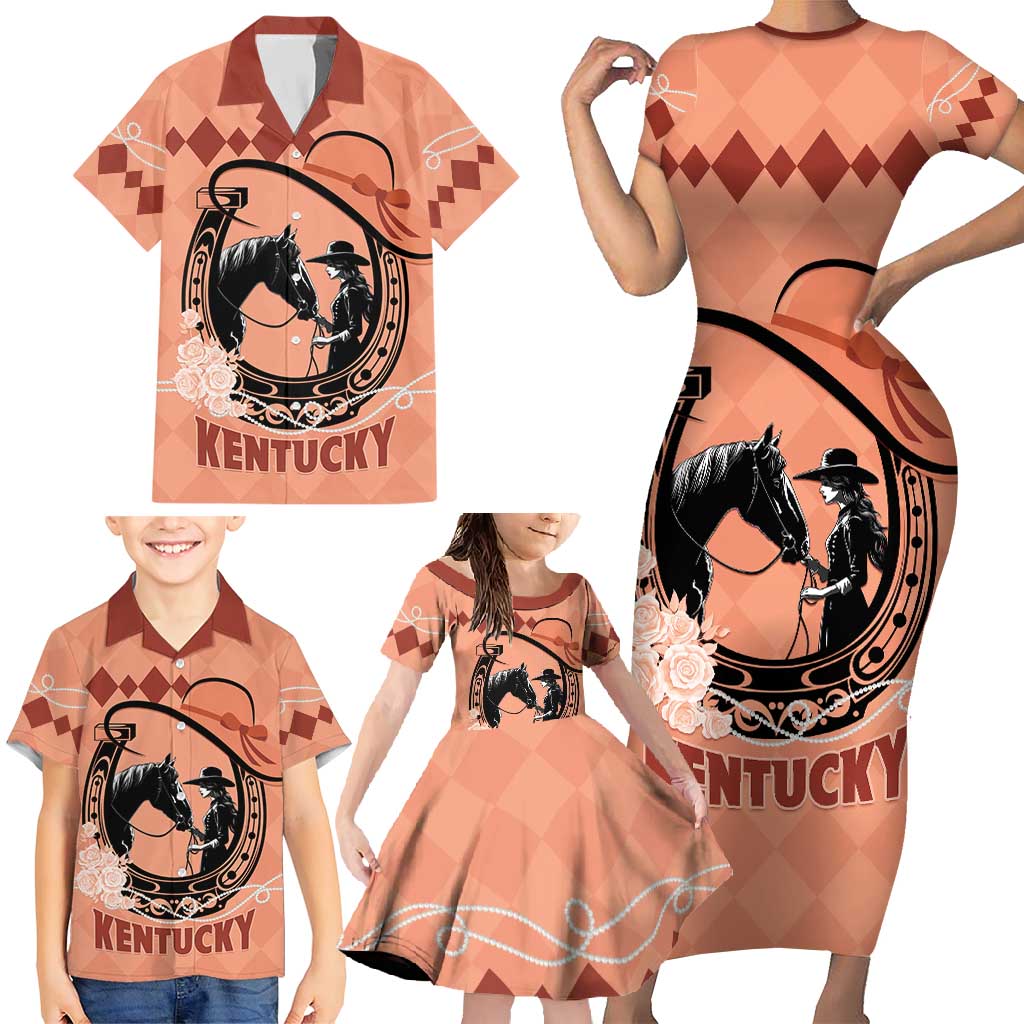 Personalized Kentucky Horse Racing Family Matching Short Sleeve Bodycon Dress and Hawaiian Shirt Beauty and The Horse Orange Version LT01