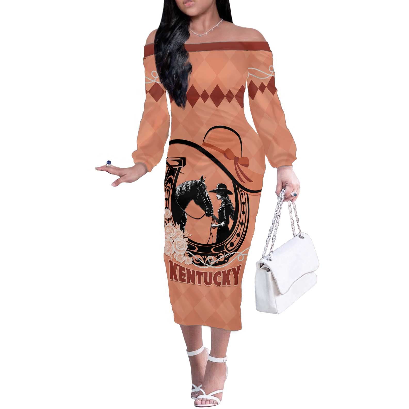 Personalized Kentucky Horse Racing Off The Shoulder Long Sleeve Dress Beauty and The Horse Orange Version LT01