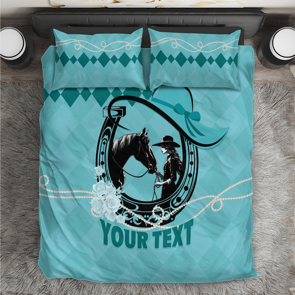 Personalized Kentucky Horse Racing 2024 Bedding Set Beauty and The Horse Teal Version