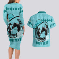 Personalized Kentucky Horse Racing Couples Matching Long Sleeve Bodycon Dress and Hawaiian Shirt Beauty and The Horse Teal Version LT01