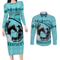 Personalized Kentucky Horse Racing Couples Matching Long Sleeve Bodycon Dress and Long Sleeve Button Shirt Beauty and The Horse Teal Version LT01