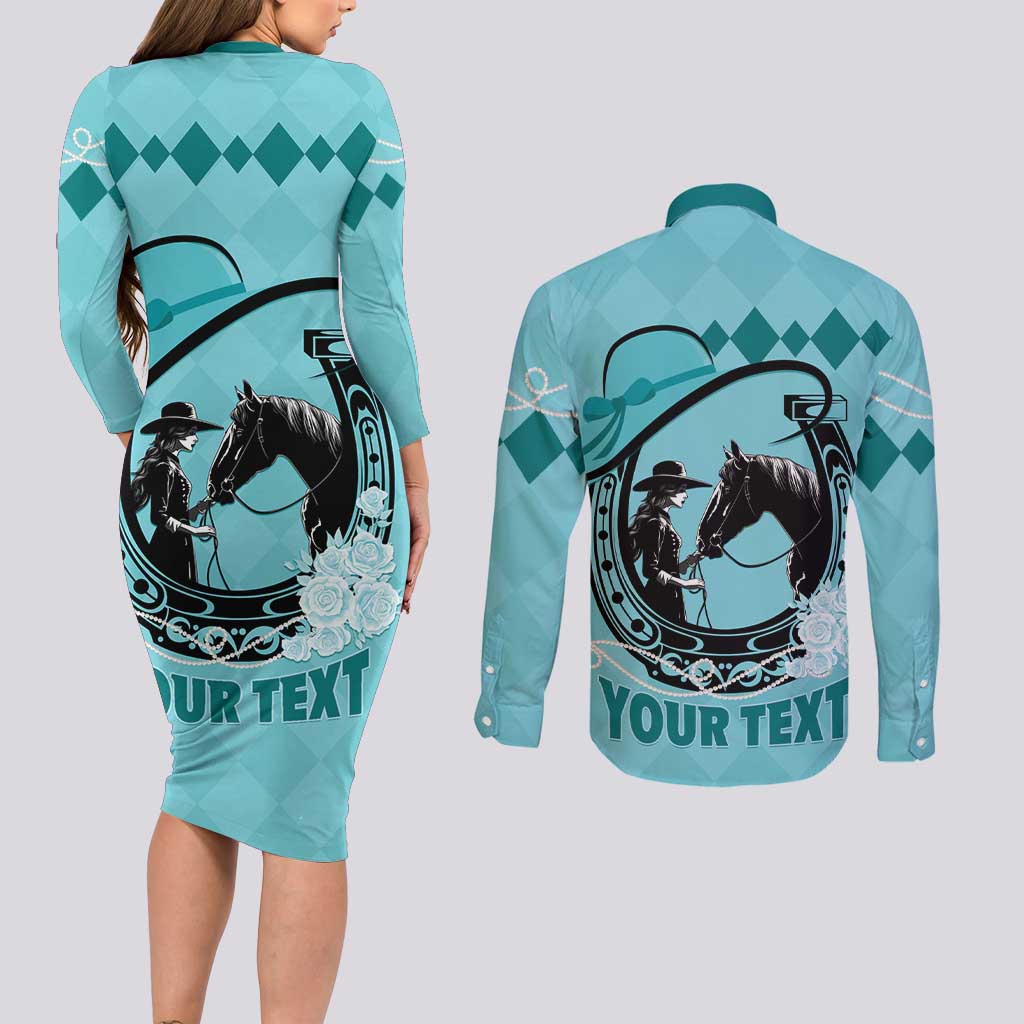 Personalized Kentucky Horse Racing Couples Matching Long Sleeve Bodycon Dress and Long Sleeve Button Shirt Beauty and The Horse Teal Version LT01