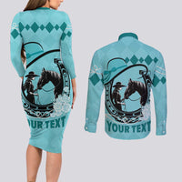 Personalized Kentucky Horse Racing Couples Matching Long Sleeve Bodycon Dress and Long Sleeve Button Shirt Beauty and The Horse Teal Version LT01