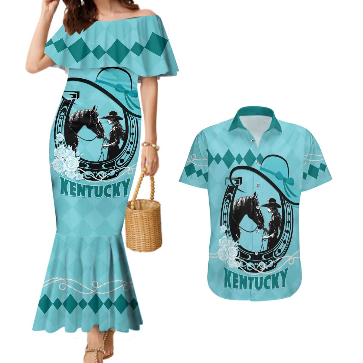 Personalized Kentucky Horse Racing Couples Matching Mermaid Dress and Hawaiian Shirt Beauty and The Horse Teal Version LT01