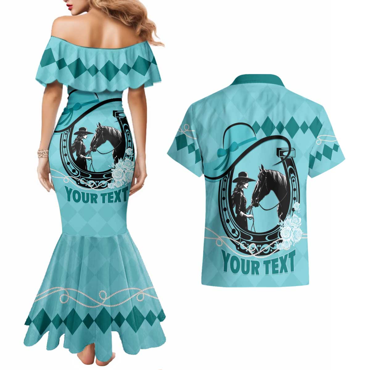 Personalized Kentucky Horse Racing Couples Matching Mermaid Dress and Hawaiian Shirt Beauty and The Horse Teal Version LT01