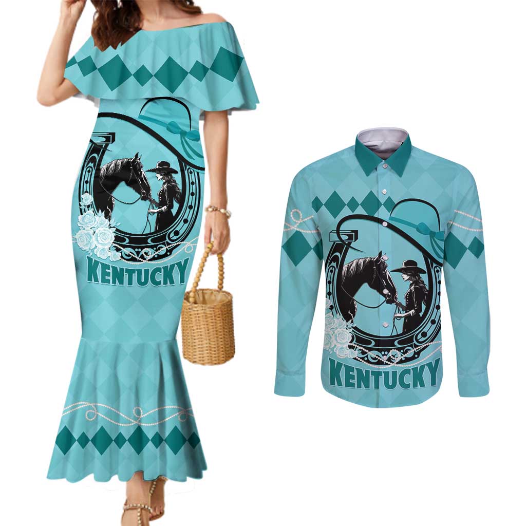 Personalized Kentucky Horse Racing Couples Matching Mermaid Dress and Long Sleeve Button Shirt Beauty and The Horse Teal Version LT01
