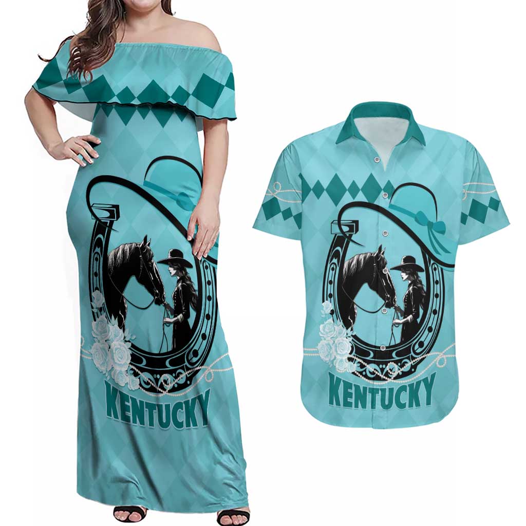 Personalized Kentucky Horse Racing Couples Matching Off Shoulder Maxi Dress and Hawaiian Shirt Beauty and The Horse Teal Version LT01