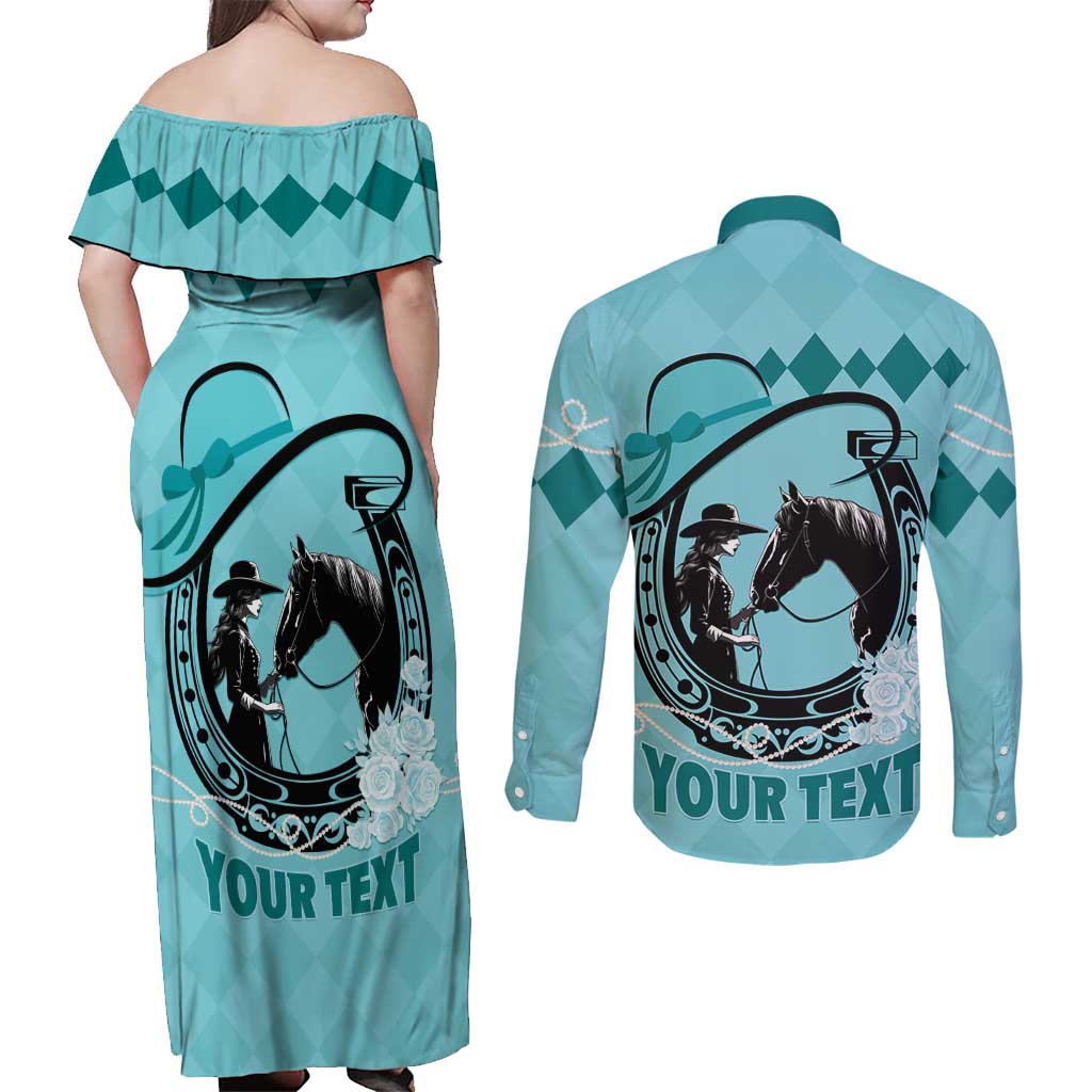 Personalized Kentucky Horse Racing Couples Matching Off Shoulder Maxi Dress and Long Sleeve Button Shirt Beauty and The Horse Teal Version LT01