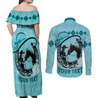 Personalized Kentucky Horse Racing Couples Matching Off Shoulder Maxi Dress and Long Sleeve Button Shirt Beauty and The Horse Teal Version LT01