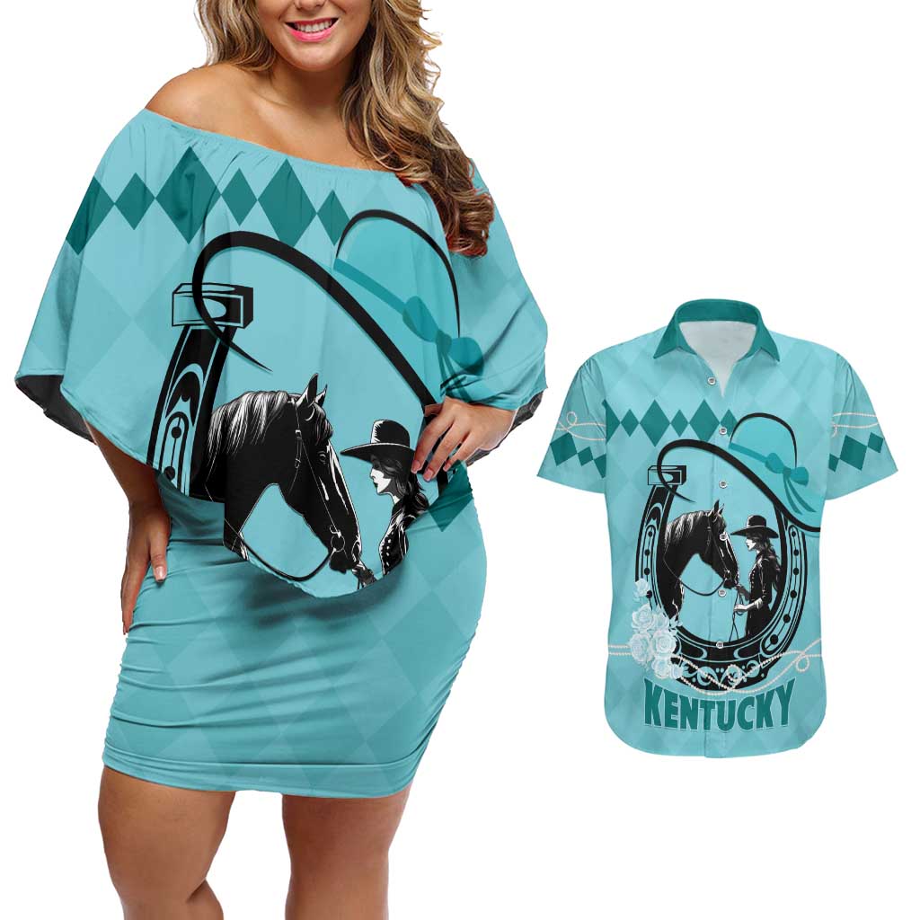 Personalized Kentucky Horse Racing Couples Matching Off Shoulder Short Dress and Hawaiian Shirt Beauty and The Horse Teal Version LT01
