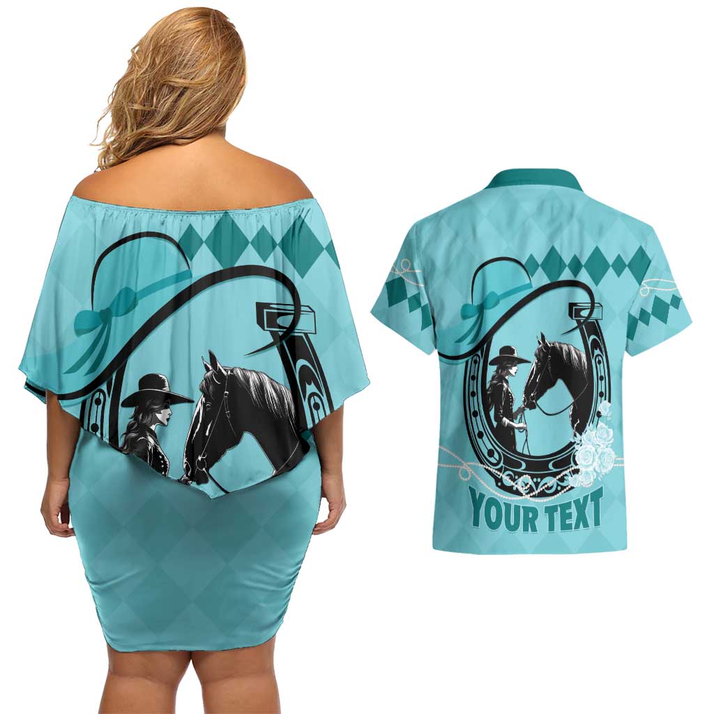 Personalized Kentucky Horse Racing Couples Matching Off Shoulder Short Dress and Hawaiian Shirt Beauty and The Horse Teal Version LT01