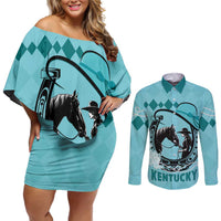 Personalized Kentucky Horse Racing Couples Matching Off Shoulder Short Dress and Long Sleeve Button Shirt Beauty and The Horse Teal Version LT01