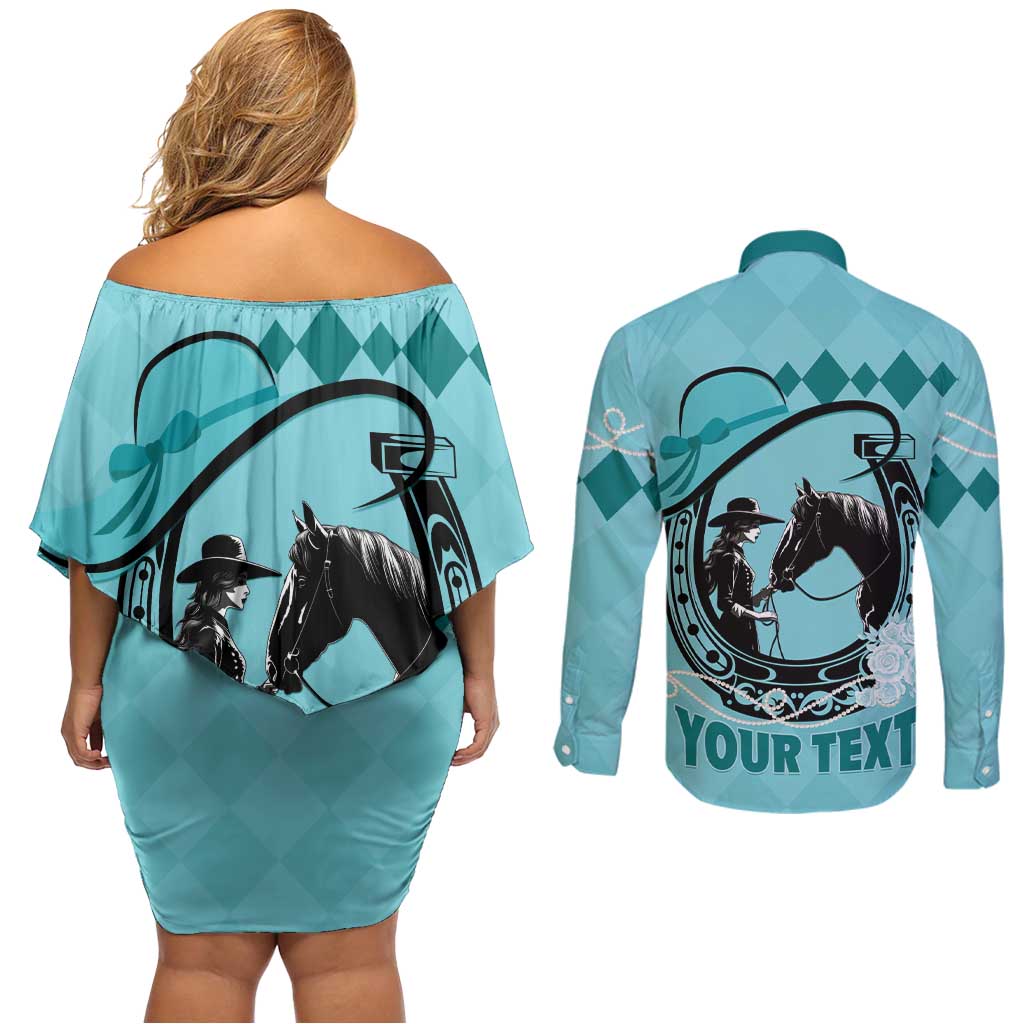 Personalized Kentucky Horse Racing Couples Matching Off Shoulder Short Dress and Long Sleeve Button Shirt Beauty and The Horse Teal Version LT01