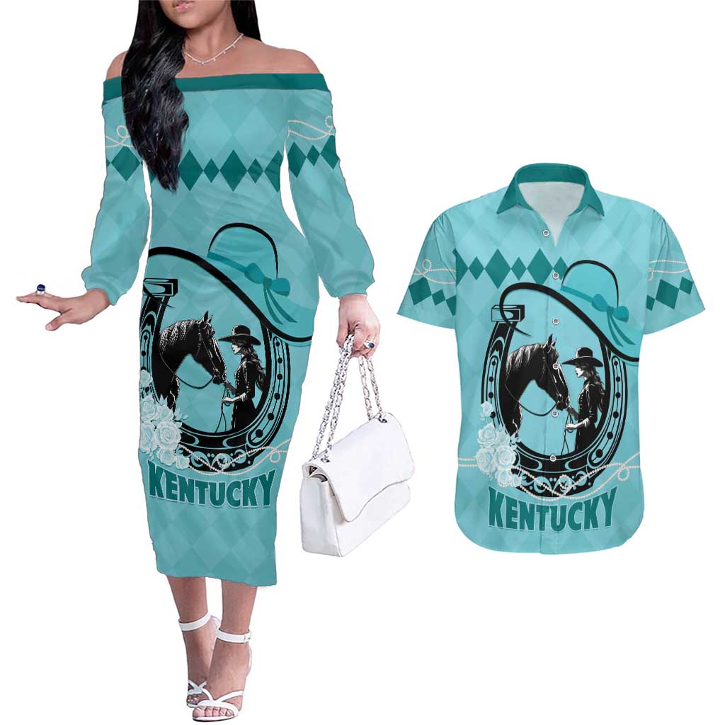 Personalized Kentucky Horse Racing Couples Matching Off The Shoulder Long Sleeve Dress and Hawaiian Shirt Beauty and The Horse Teal Version LT01