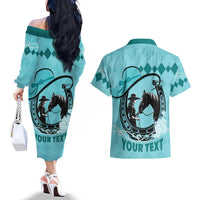 Personalized Kentucky Horse Racing Couples Matching Off The Shoulder Long Sleeve Dress and Hawaiian Shirt Beauty and The Horse Teal Version LT01