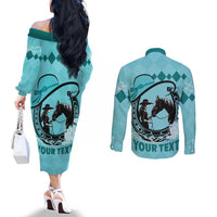 Personalized Kentucky Horse Racing Couples Matching Off The Shoulder Long Sleeve Dress and Long Sleeve Button Shirt Beauty and The Horse Teal Version LT01