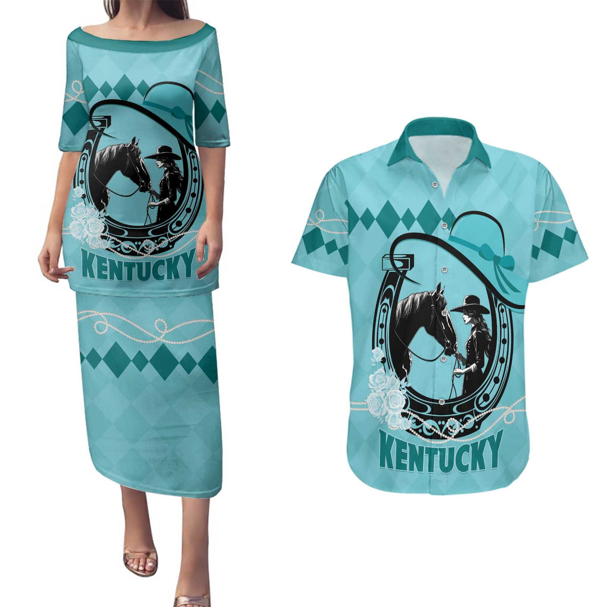 Personalized Kentucky Horse Racing Couples Matching Puletasi and Hawaiian Shirt Beauty and The Horse Teal Version LT01
