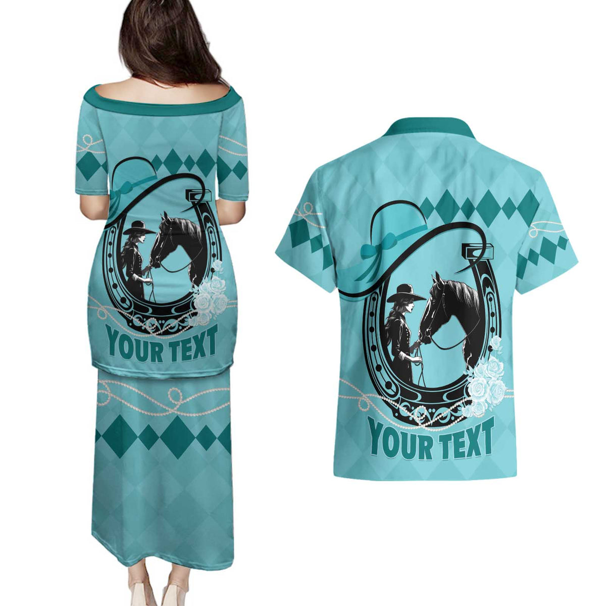 Personalized Kentucky Horse Racing Couples Matching Puletasi and Hawaiian Shirt Beauty and The Horse Teal Version LT01
