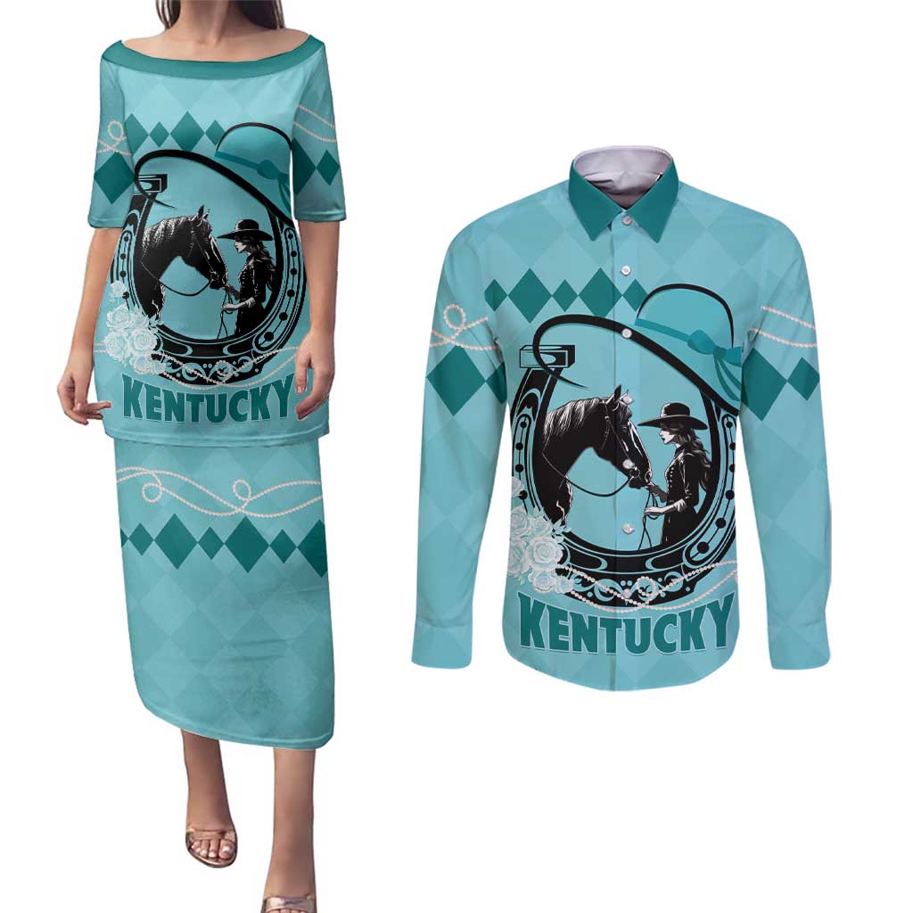 Personalized Kentucky Horse Racing Couples Matching Puletasi and Long Sleeve Button Shirt Beauty and The Horse Teal Version LT01